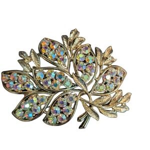Gold-Tone Leaf Tree Brooch With Aurora Borealis Rhinestones Pin